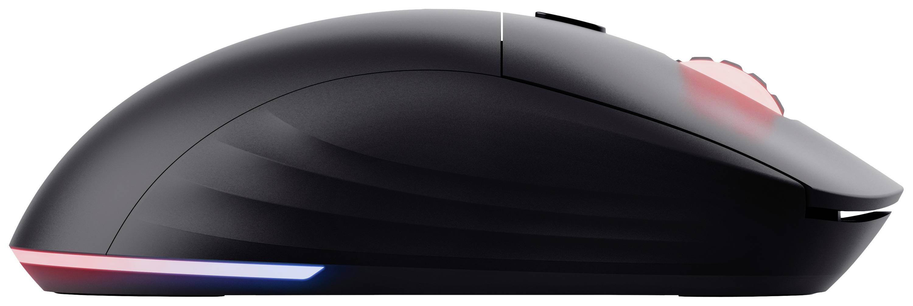 Kabellose Gaming-Maus mit ergonomischem Design, seitlichen Rillen und leuchtenden RGB-Elementen.