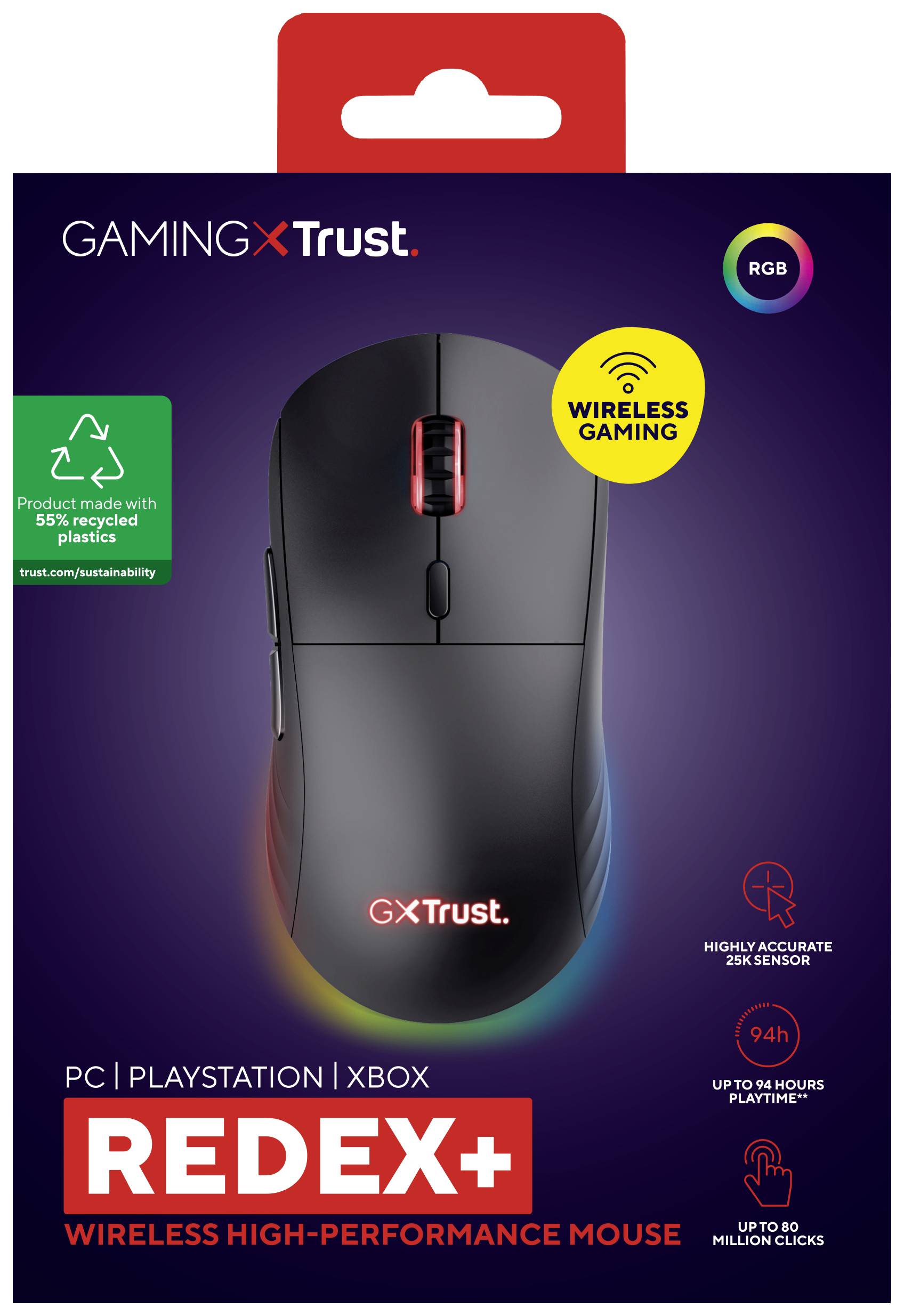 Drahtlose Gaming-Maus Redex+ von Trust. PC, PlayStation, Xbox kompatibel. Bis zu 94 Stunden Akkulaufzeit, 80 Millionen Klicks.