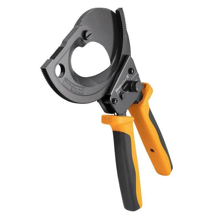 Kabelschneider mit schwarzen Klingen und orangefarbenen Griffen auf weißem Hintergrund. Designed für das Schneiden dicker Kabel.