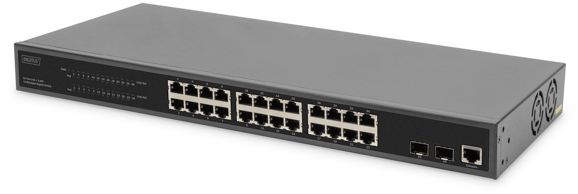Ein 24-Port-Netzwerk-Switch mit zwei zusätzlichen Glasfaserschnittstellen an der Vorderseite. Geeignet für IT-Infrastruktur.