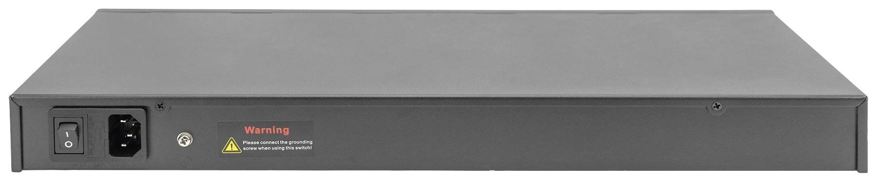 Ein schwarzes Rackmount-Netzteil mit Netzschalter und Warnaufkleber. Design zum Einbau in Server- oder Netzwerkgehäuse.