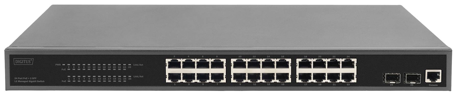 Ein schwarzer Netzwerk-Switch mit 24 Ethernet-Ports und zwei Glasfaseranschlüssen vorn. Geeignet für die Verbindung mehrerer Geräte.