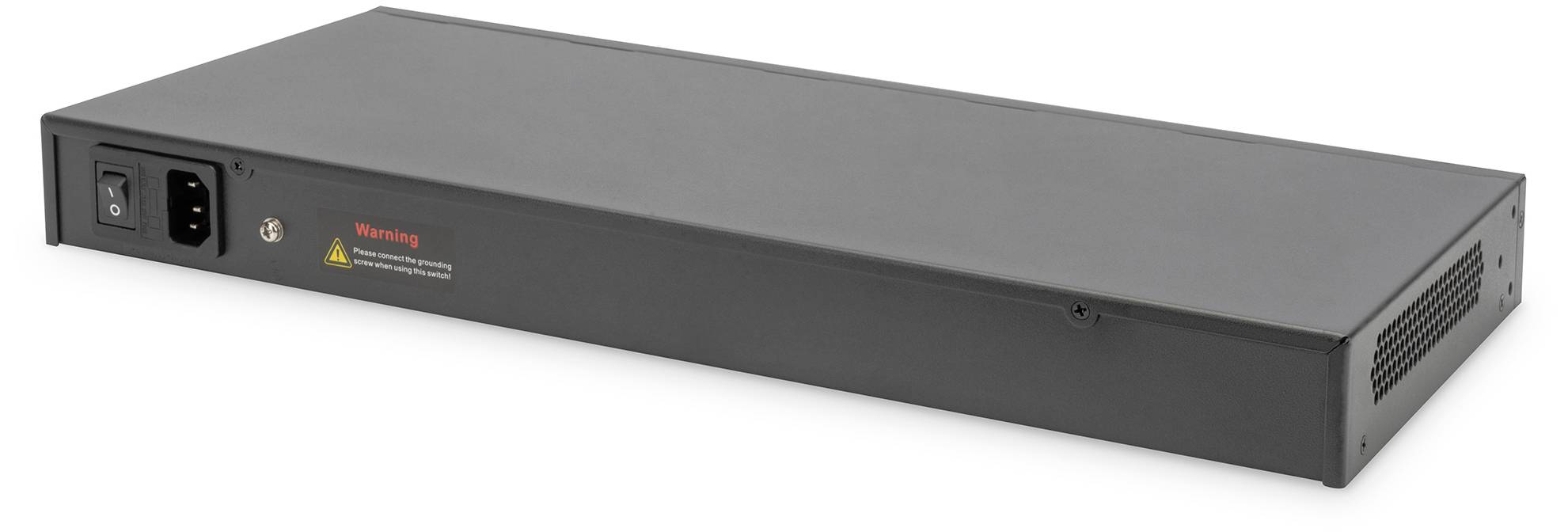 Ein schwarzes, rechteckiges, elektronisches Gerät mit Anschlüssen und Lüftungsschlitzen. Aufschrift: 'Warning' in Rot.