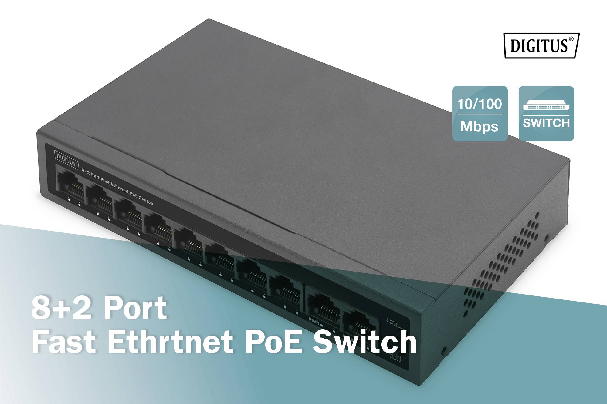 Ein schwarzer Netzwerk-Switch mit der Aufschrift '8+2 Port Fast Ethernet PoE Switch' und '10/100 Mbps'.