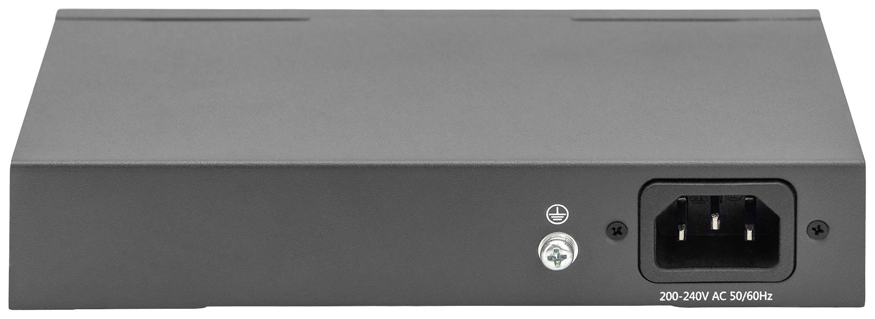 Ein schwarzes elektronisches Gerät mit einer Netzsteckdose auf der Rückseite, geeignet für 200-240V Wechselstrom bei 50/60Hz.