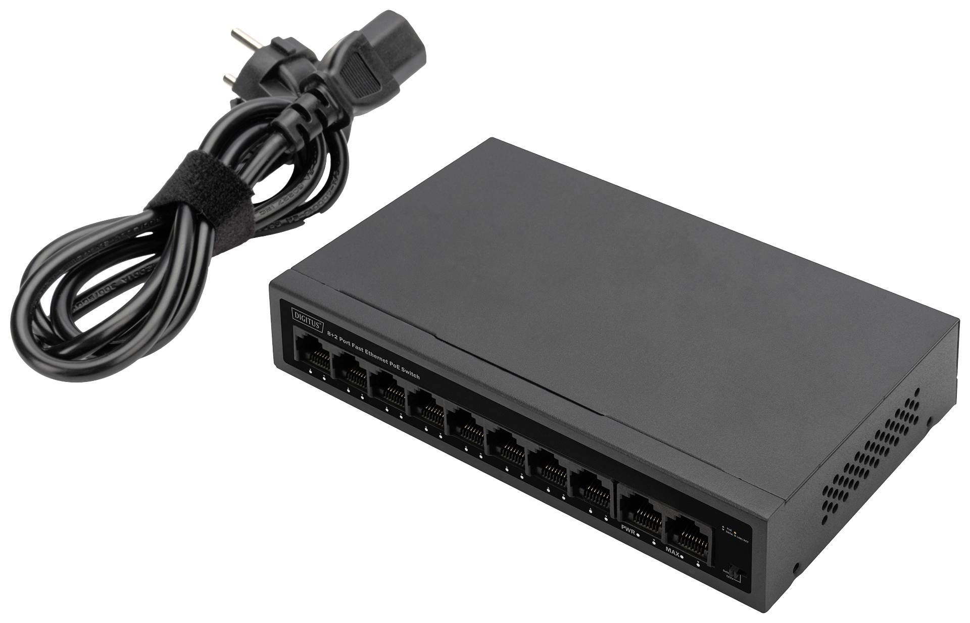 Ein schwarzer Netzwerk-Switch mit acht Ethernet-Ports, daneben ein schwarzes Netzkabel mit Eurostecker.