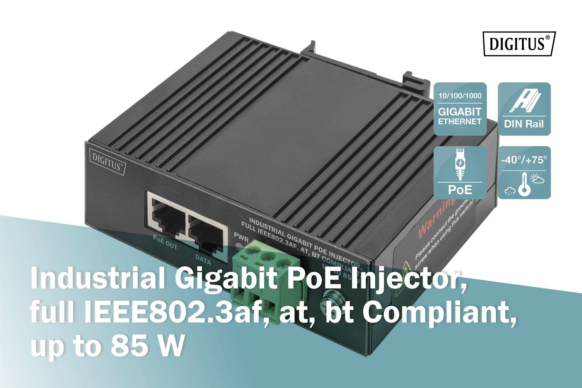'Industrial Gigabit PoE Injector, full IEEE802.3af, at, bt Compliant, up to 85 W.' Schwarzes Gerät mit Ethernet-Anschlüssen, DIN-Schiene.