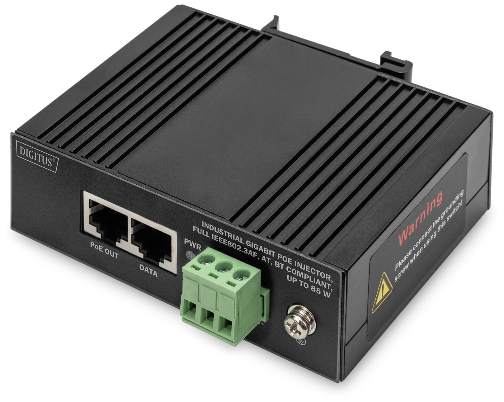 Industrieller Gigabit PoE-Injektor, schwarz, mit zwei Ethernet-Ports. Text: 'Warning' auf der Seite, gelbes Warnsymbol unten rechts.