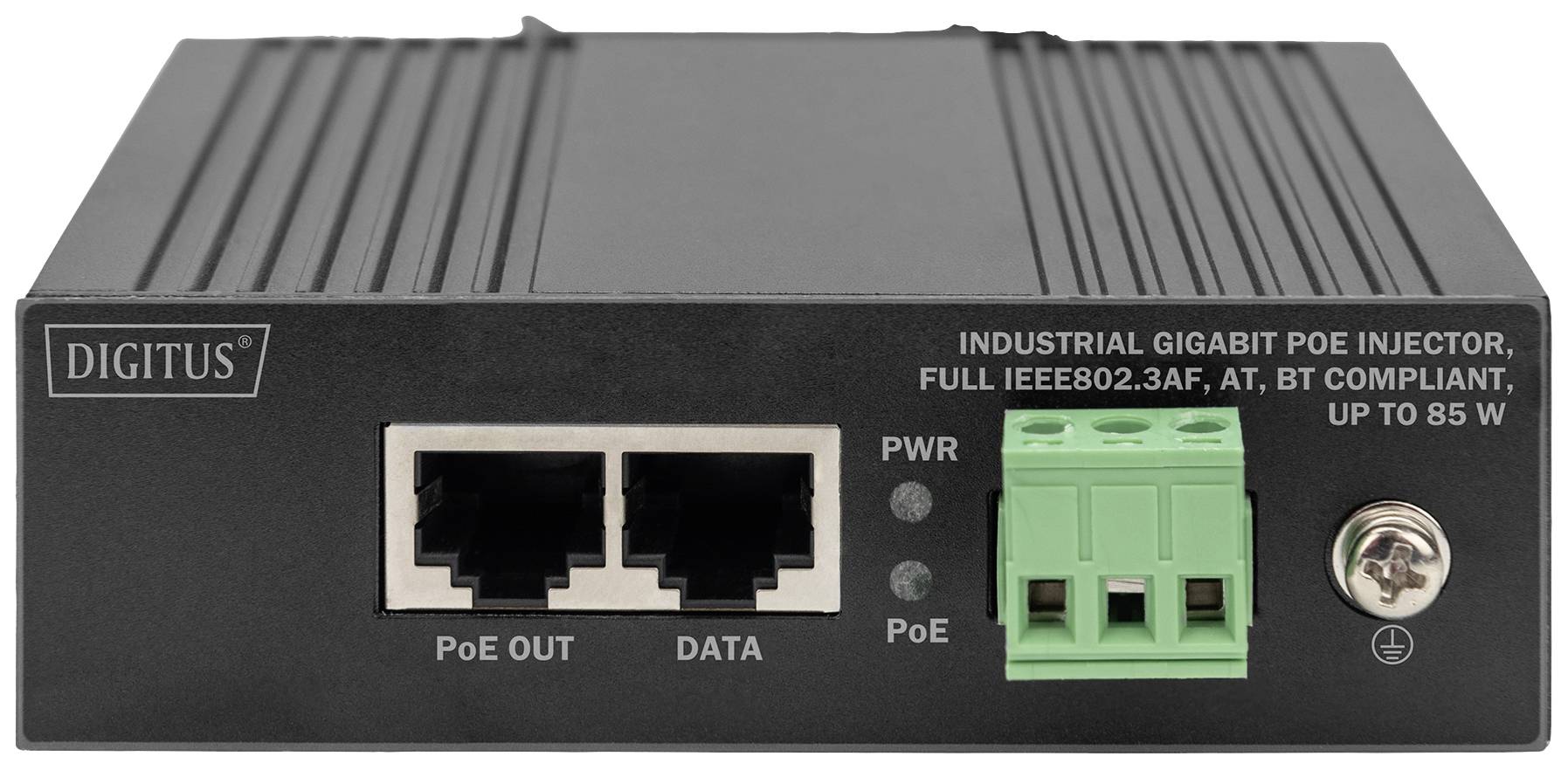 Ein Gigabit PoE-Injector mit zwei Ethernet-Ports, LED-Anzeigen und einem grünen Stromanschluss. Modell: DIGITUS, für industrielle Anwendungen.