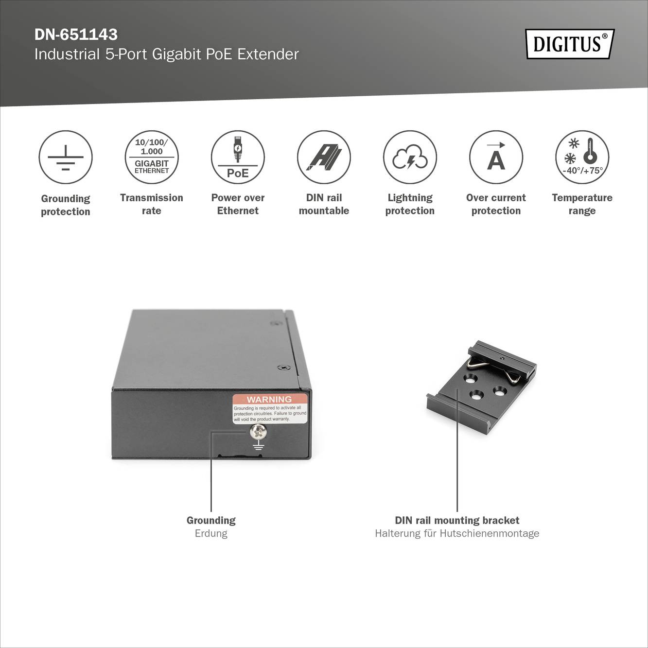 'Digitus Industrial 5-Port Gigabit PoE Extender' zeigt Abdeckung, Erdung, DIN-Schienenhalterung und Symbole für technischen Schutz.