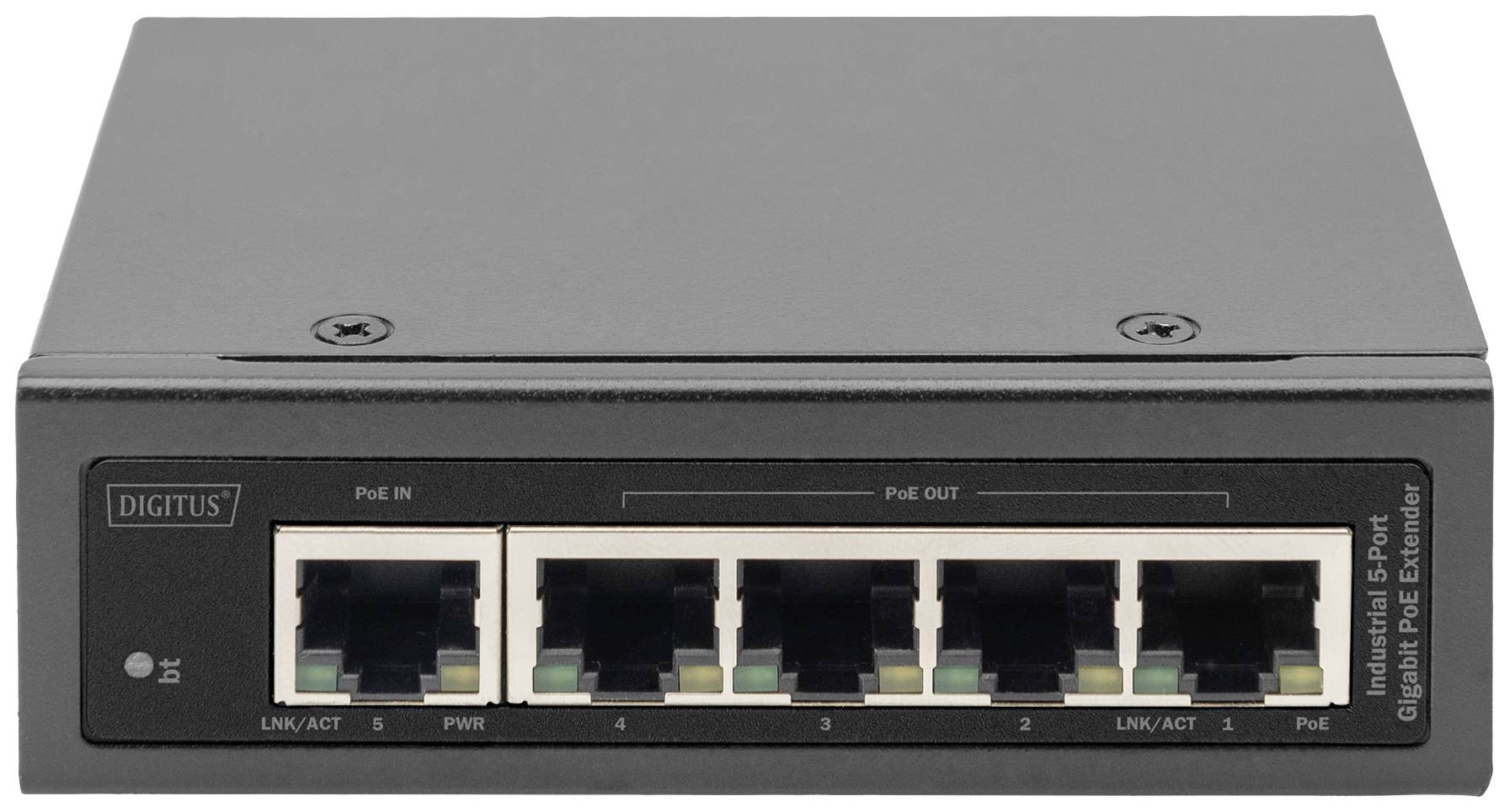 Ein industrieller 5-Port Gigabit PoE Extender von Digitus mit fünf Ethernet-Ports, geeignet für die Erweiterung von Netzwerken.