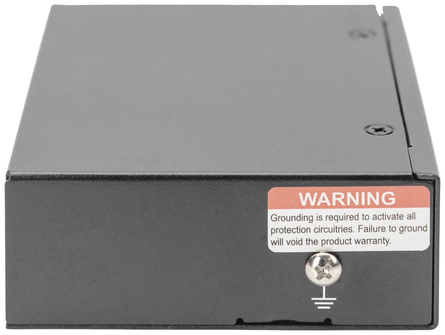 Schwarzes elektronisches Gerät mit einem Warnhinweis: 'Zum Schutz muss die Erdung aktiviert sein. Andernfalls erlischt die Garantie.'