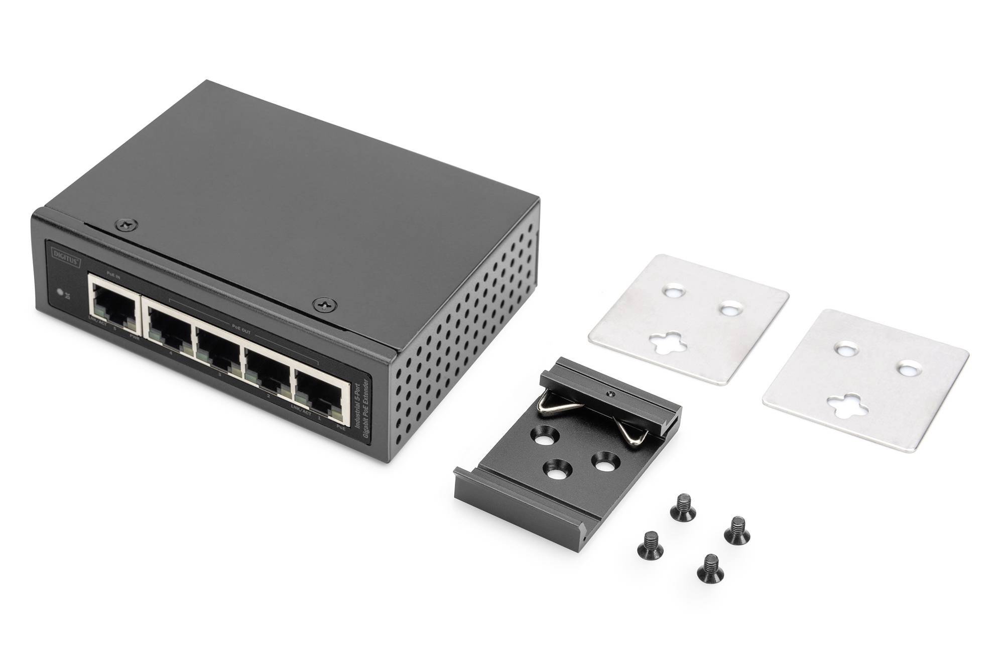 Ein schwarzer Netzwerk-Switch mit vier Ethernet-Anschlüssen, daneben Montagezubehör: zwei Metallplatten, eine Halterung und vier Schrauben.