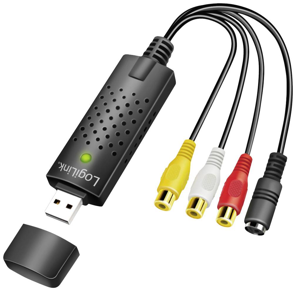Ein USB-Adapter mit mehreren farbigen Kabeln: gelb, weiß, rot für Audio/Video und schwarz für Strom; dient zum Anschluss von Geräten.