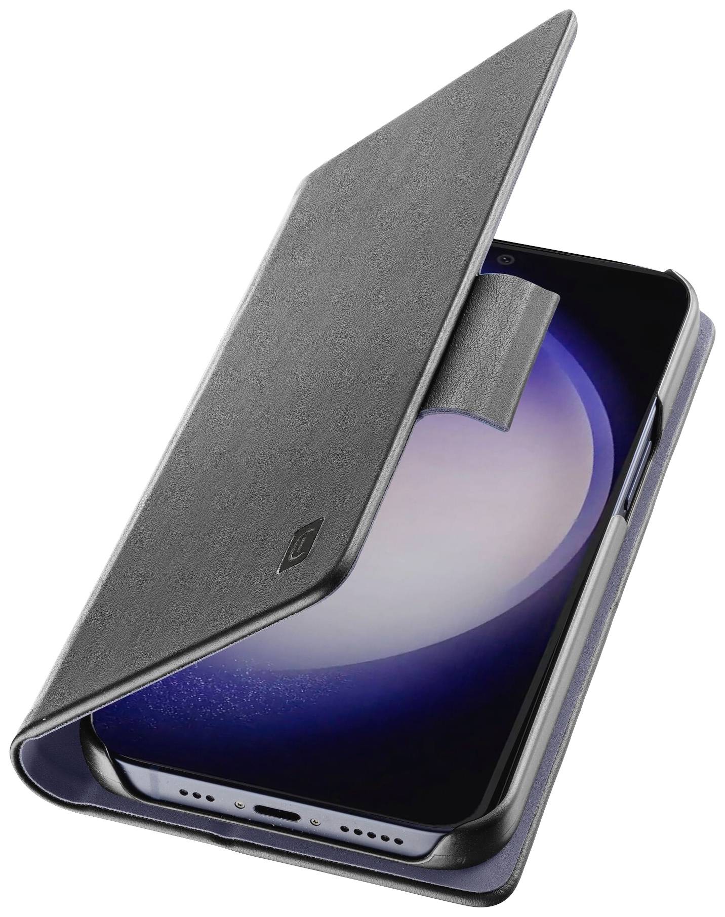 Smartphone in einer schwarzen Klapphülle, die den Bildschirm teilweise bedeckt.
