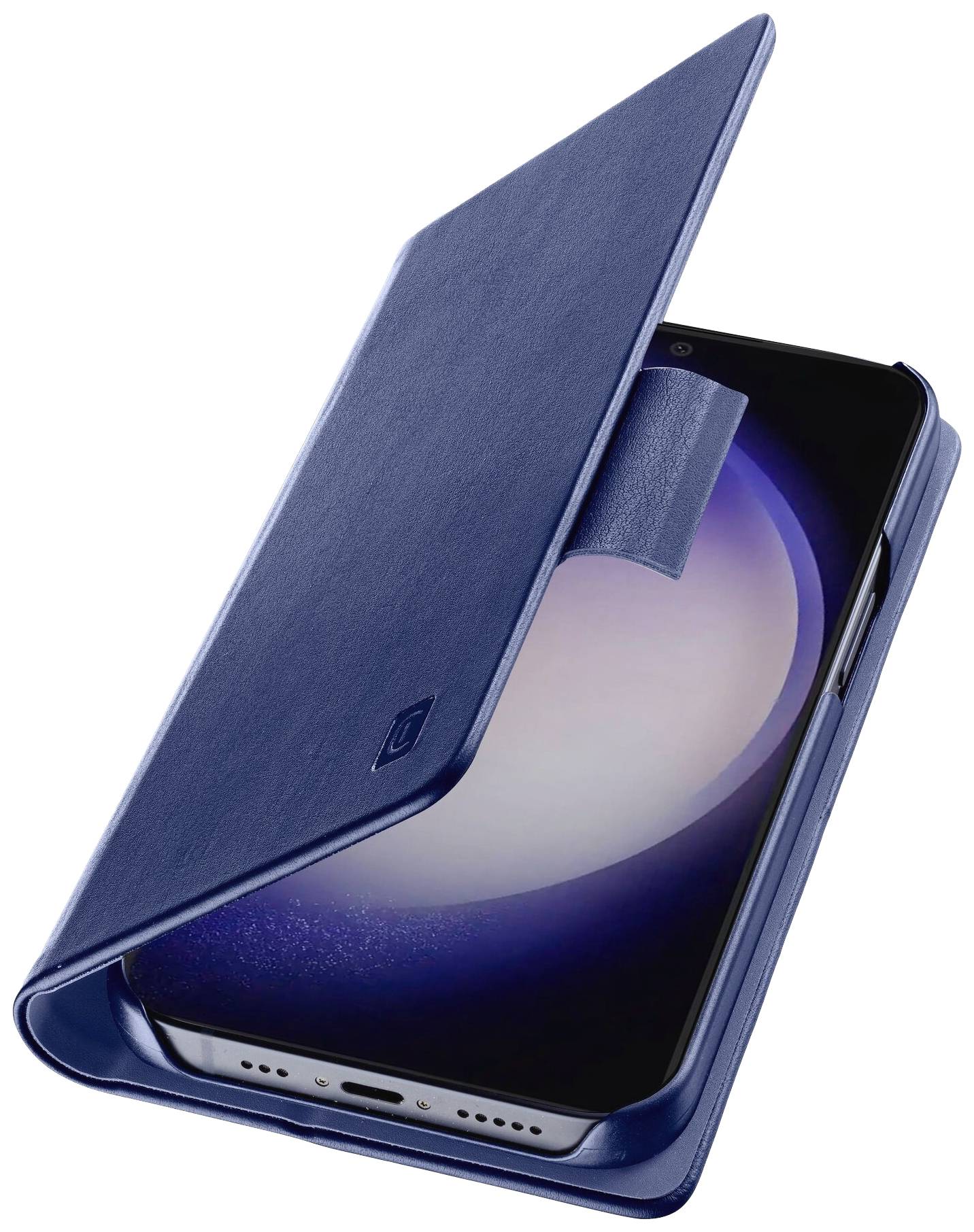 Ein Smartphone in einer blauen Hülle, teilweise geöffnet, zeigt den Bildschirm und Anschlüsse am unteren Rand.