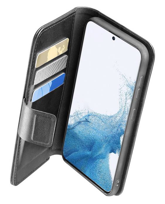 Smartphone in einer schwarzen Klapphülle mit Kartenfächern, geöffnet. Die Hülle zeigt zwei Kreditkarten und eine blaue Karte.