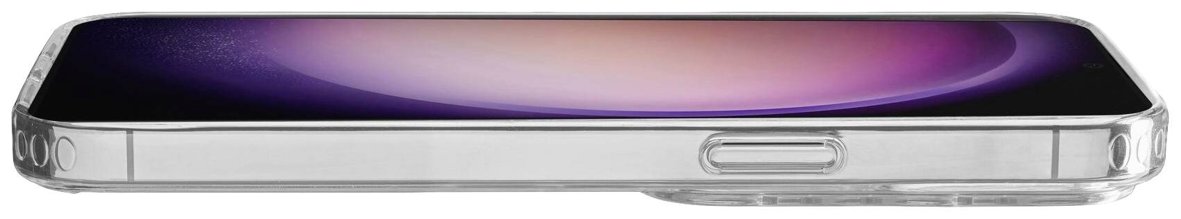 Ein modernes Smartphone liegt flach, zeigt das Display mit einem leuchtenden, lila-orangefarbenen Hintergrund.