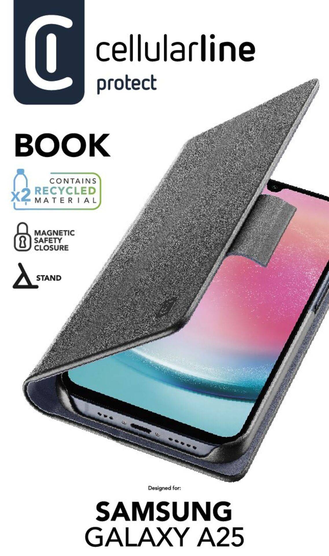 Schutzhülle 'Cellularline Protect' für Samsung Galaxy A25. Magnetverschluss, Standfunktion, enthält recyceltes Material.