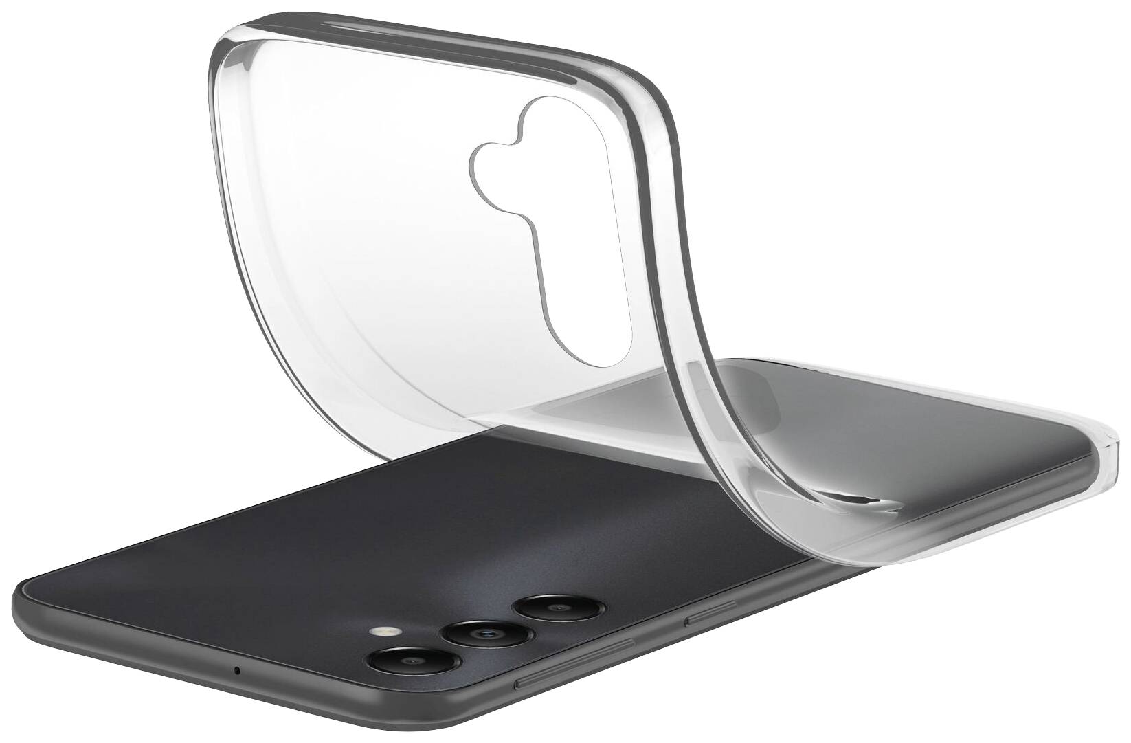 Ein Smartphone mit einer transparenten Schutzhülle, die halb über das Gerät gezogen ist. Drei Kameraobjektive sind sichtbar.