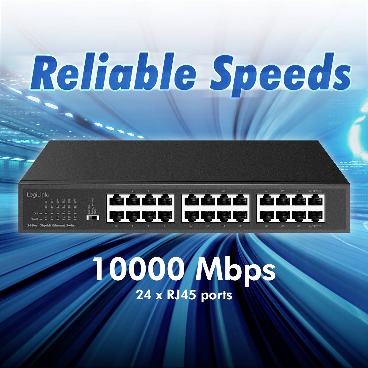 Netzwerk-Switch mit 24 RJ45-Ports und 10.000 Mbps Geschwindigkeit vor verschwommenem Hintergrund. Text 'Reliable Speeds'.