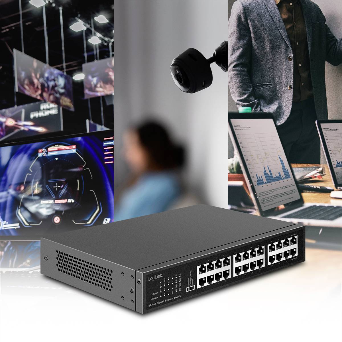 Netzwerkswitch mit mehreren Anschlüssen im Vordergrund, im Hintergrund unscharf ein Konferenzraum mit Bildschirmpräsentationen.