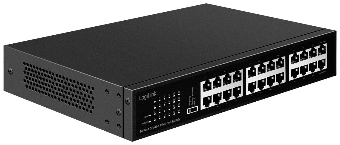 Ein 24-Port-Gigabit-Ethernet-Switch mit schwarzem Gehäuse. Links befinden sich Lüftungsschlitze, rechts die Anschlüsse für Netzwerkkabel.