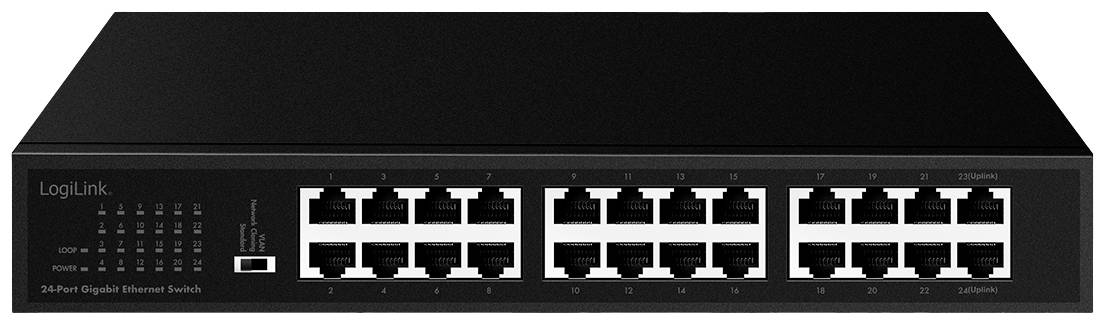 24-Port-Gigabit-Ethernet-Switch von LogiLink mit LEDs für Statusanzeige, geeignet für Netzwerkerweiterung in Büroumgebung.
