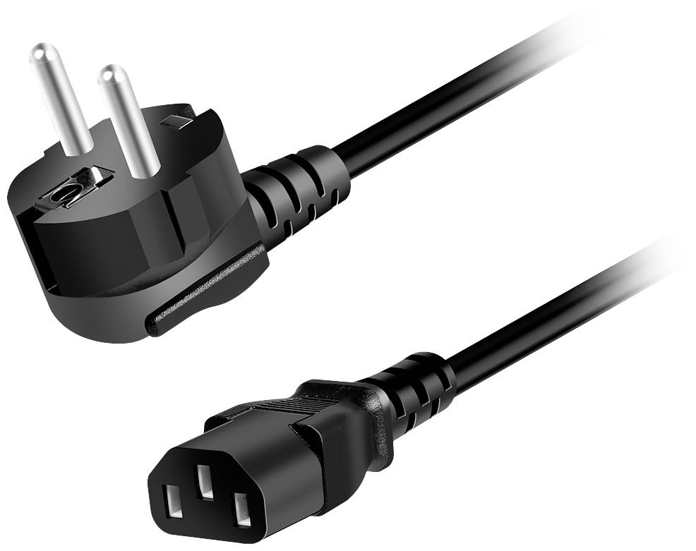Ein schwarzes Netzkabel mit einem Schuko-Stecker und einem C13-Stecker, geeignet für den Anschluss von Geräten an die Stromversorgung.