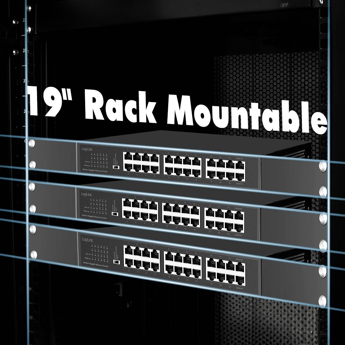 Drei 19-Zoll-Rack-montierbare Netzwerk-Switches in einem Server-Rack, mit dem Text '19