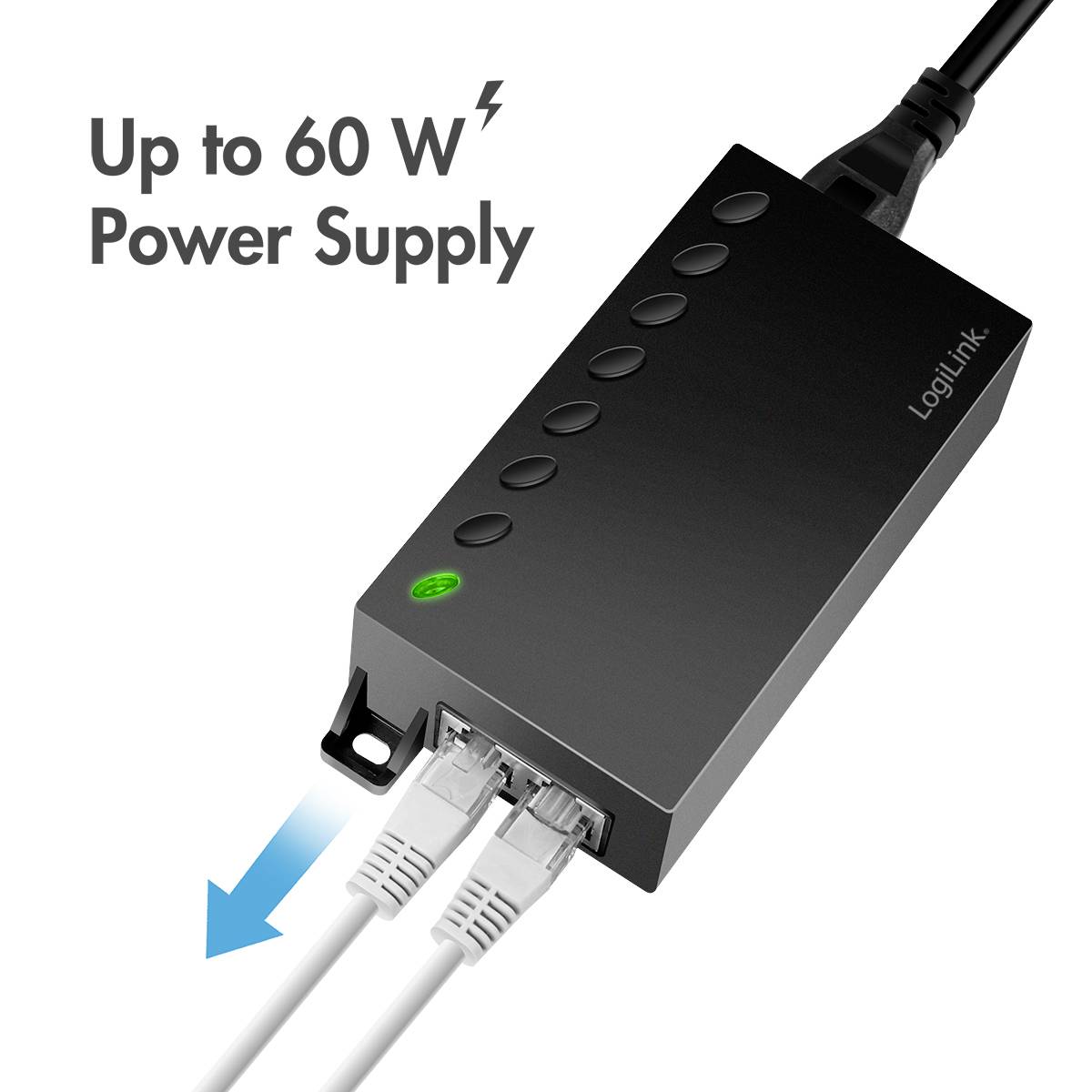 Netzteil mit zwei angeschlossenen Ethernet-Kabeln. Text: 'Up to 60 W Power Supply'. Markenname auf dem Gerät.