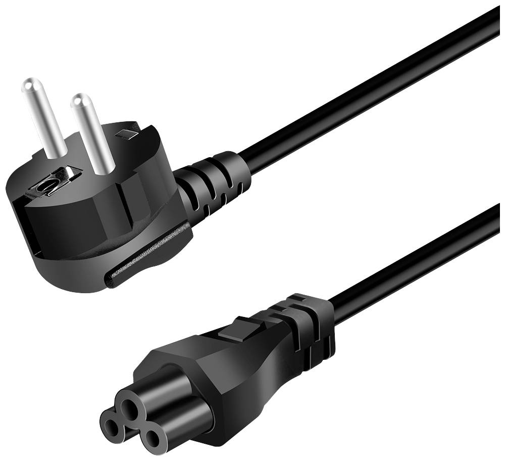 Ein schwarzes Netzkabel mit einem zweipoligen Stecker und einer dreipoligen Buchse.