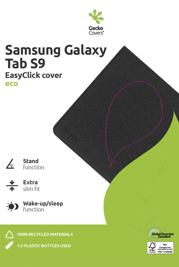 Samsung Galaxy Tab S9-Hülle 'EasyClick cover eco' von Gecko Covers, mit Standfunktion, extra dünn, Weck-/Schlaffunktion, 100% recycelte Materialien.