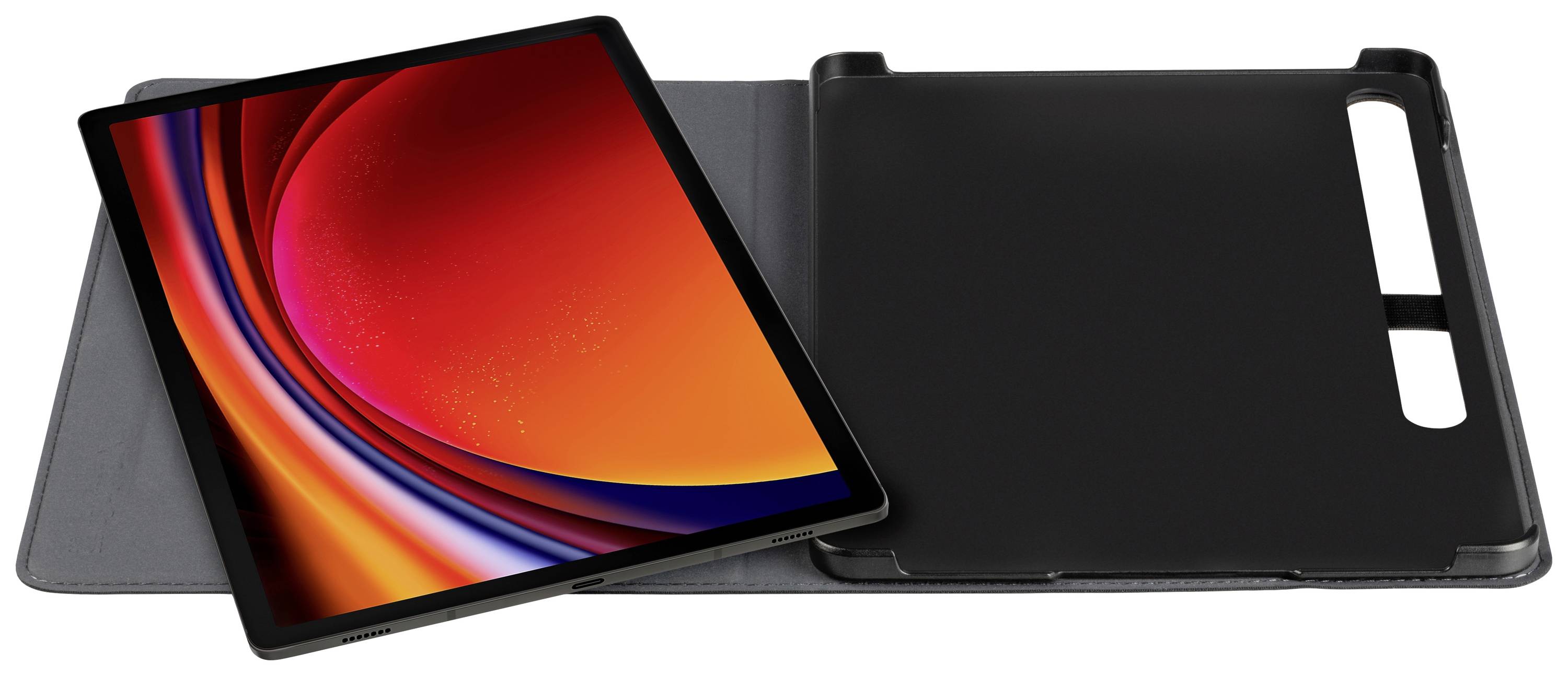 Ein Tablet mit farbenfrohem Bildschirm liegt halb in einem schwarzen Etui, das das Gerät schützt.