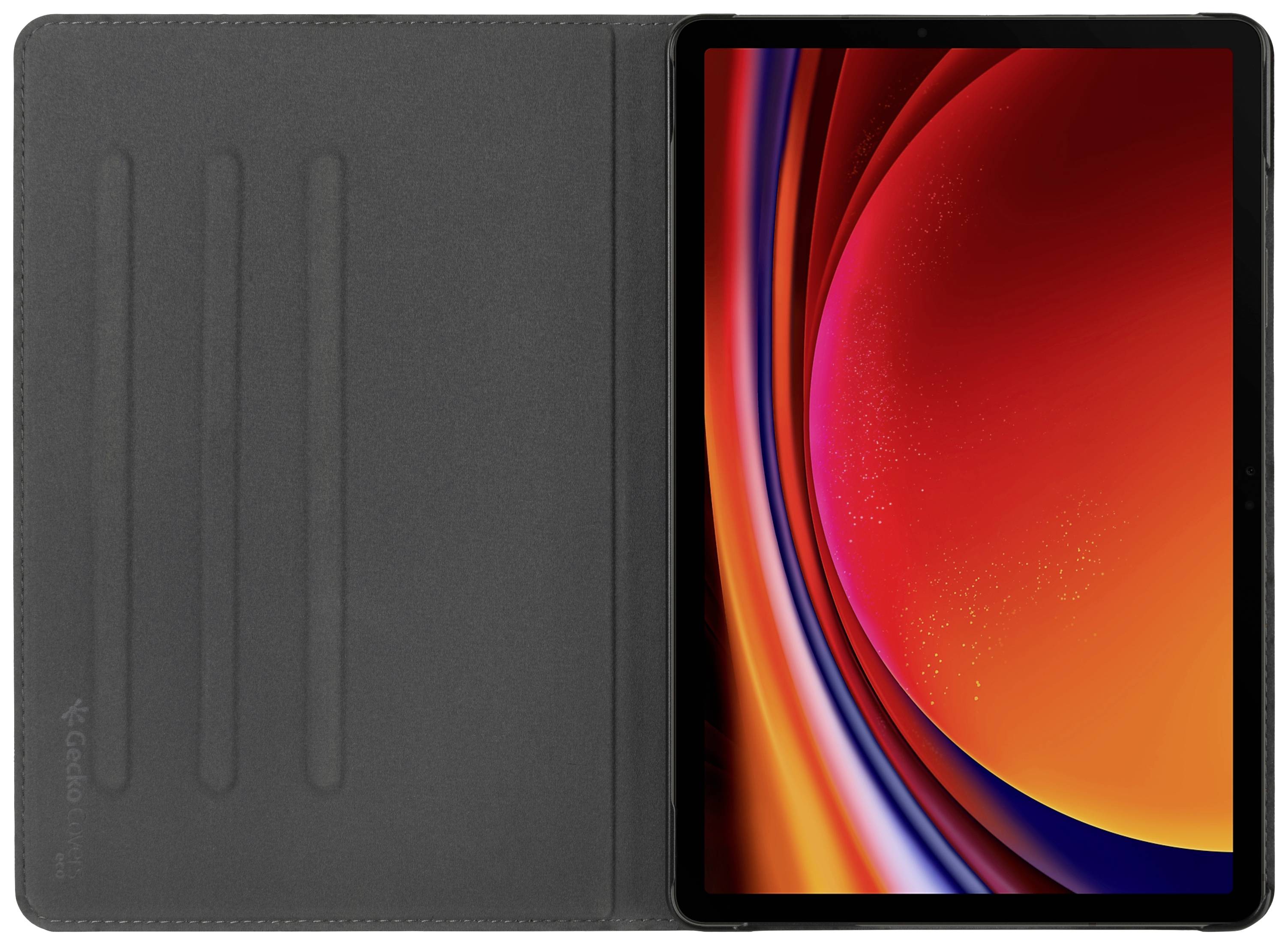 Tablet mit leuchtendem, abstraktem Hintergrund. Tablet liegt in einer geöffneten Hülle, Vorderseite sichtbar.