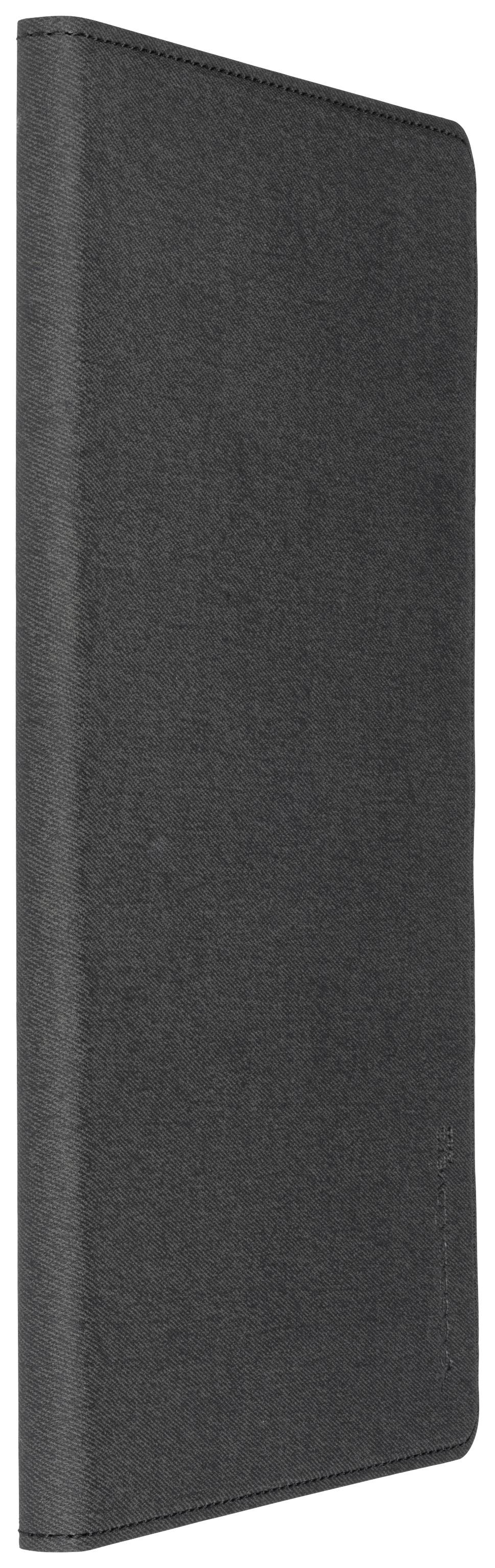 Schwarzes, schlankes Etui aus Stoff, steht im Hochformat. Geeignet zur Aufbewahrung elektronischer Geräte oder Dokumente.