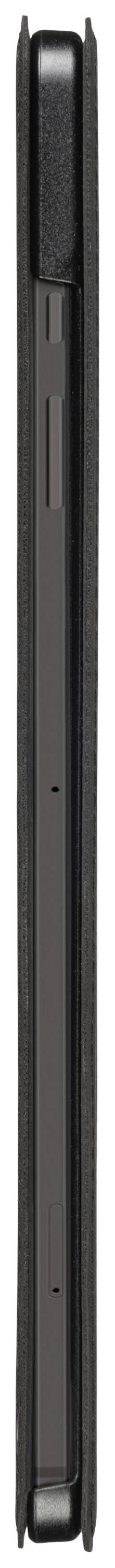 Schmale Seitenansicht eines geschlossenen schwarzen Smartphones in einer Hülle, zeigt schlankes Design und minimalistische Details.