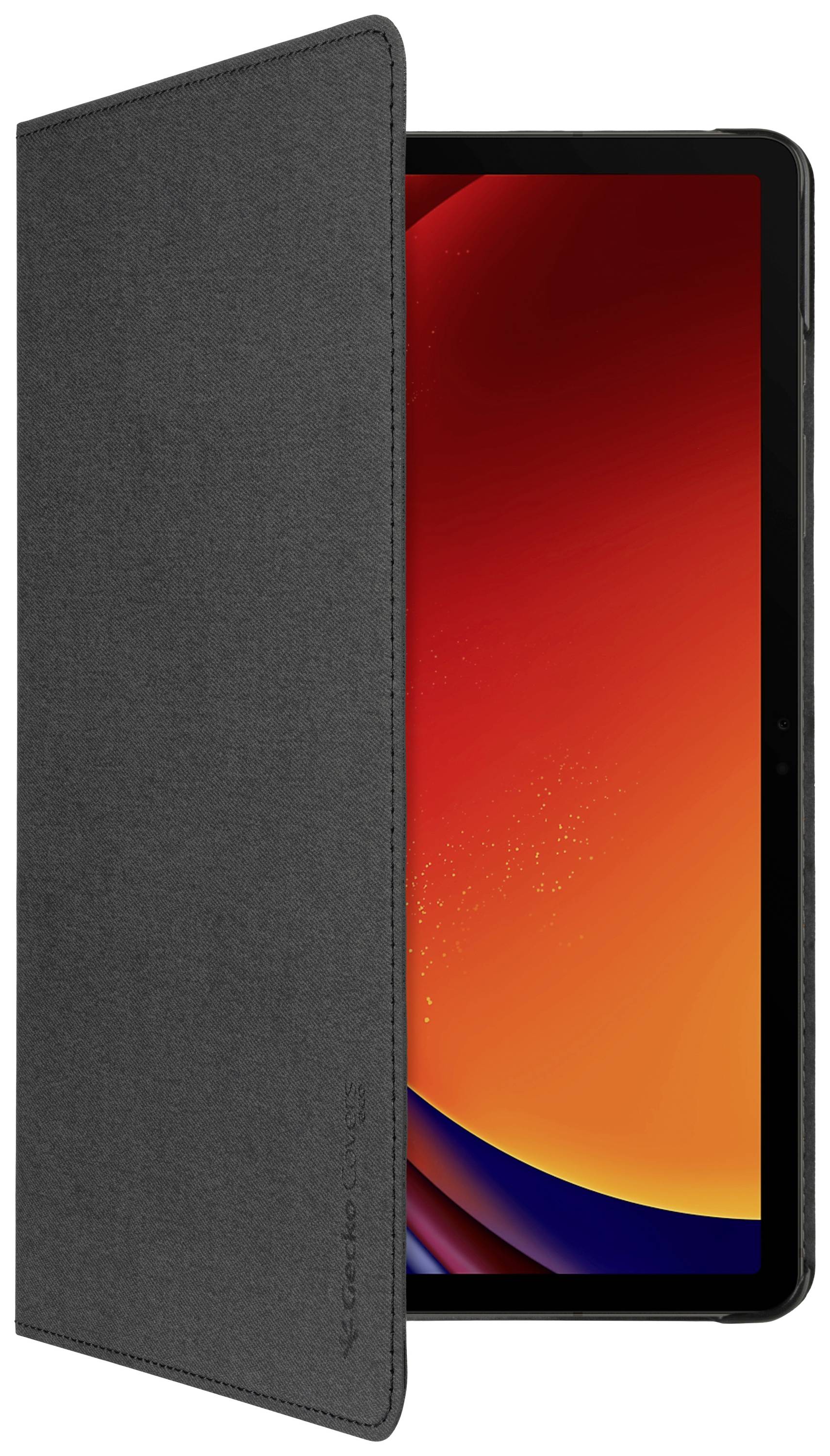 Ein Tablet mit schwarzem Schutzcover ist leicht geöffnet. Der Bildschirm zeigt einen rot-orangenen Farbverlauf.