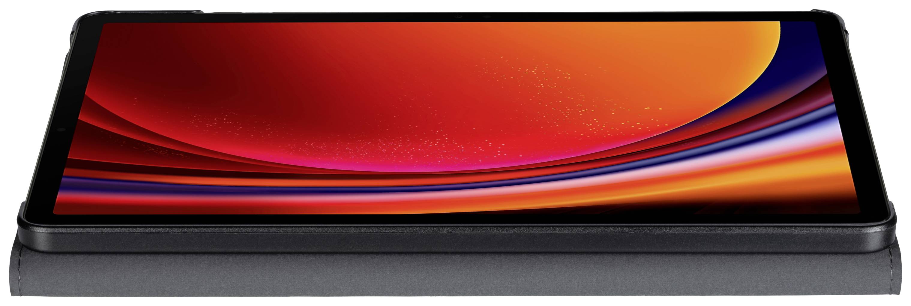 Ein Tablet mit einem leuchtend roten Bildschirm liegt flach auf einem schwarzen Untergrund.