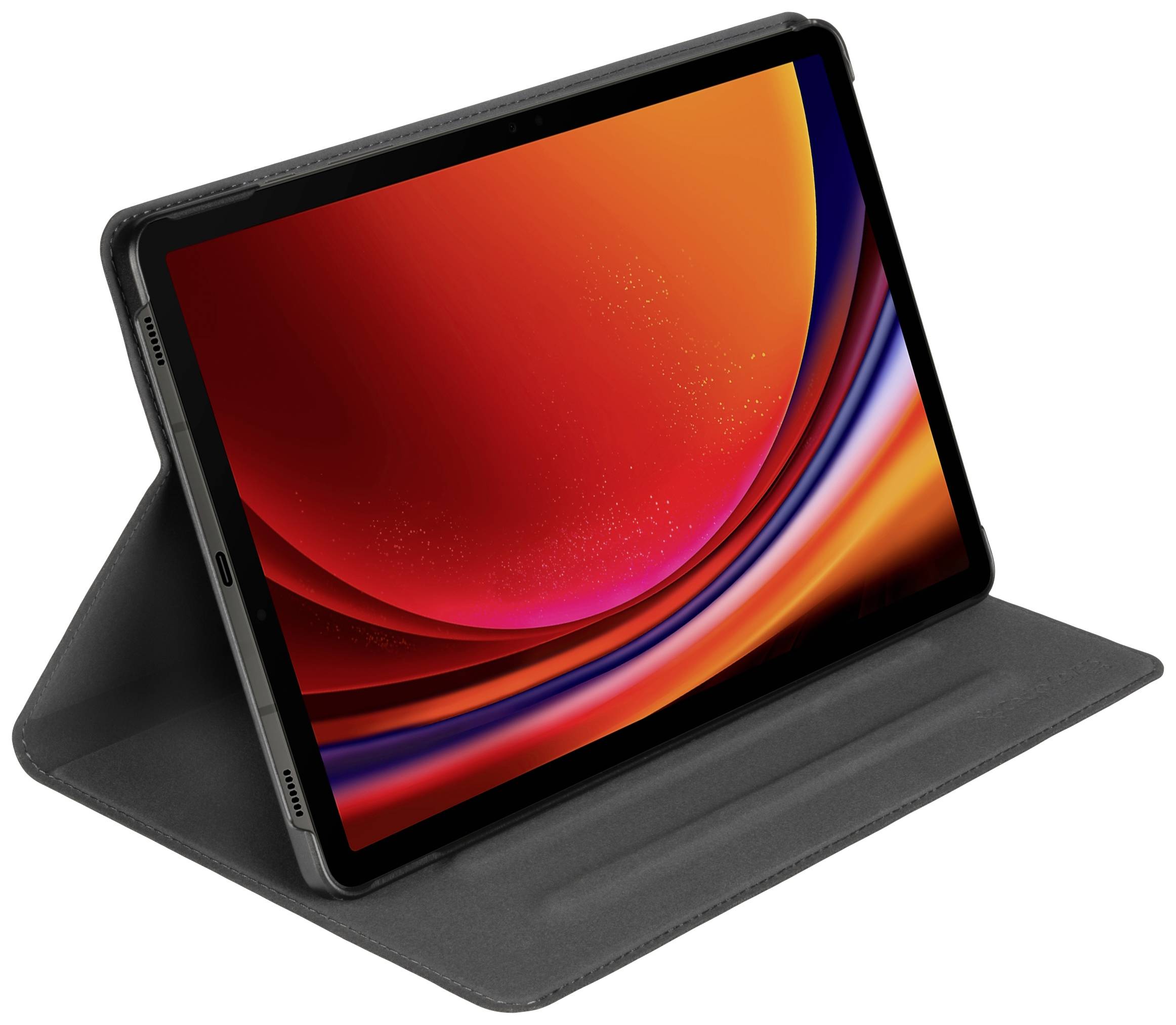 Tablet in einer schwarzen Schutzhülle, Display zeigt ein abstraktes, rotes und oranges Design.