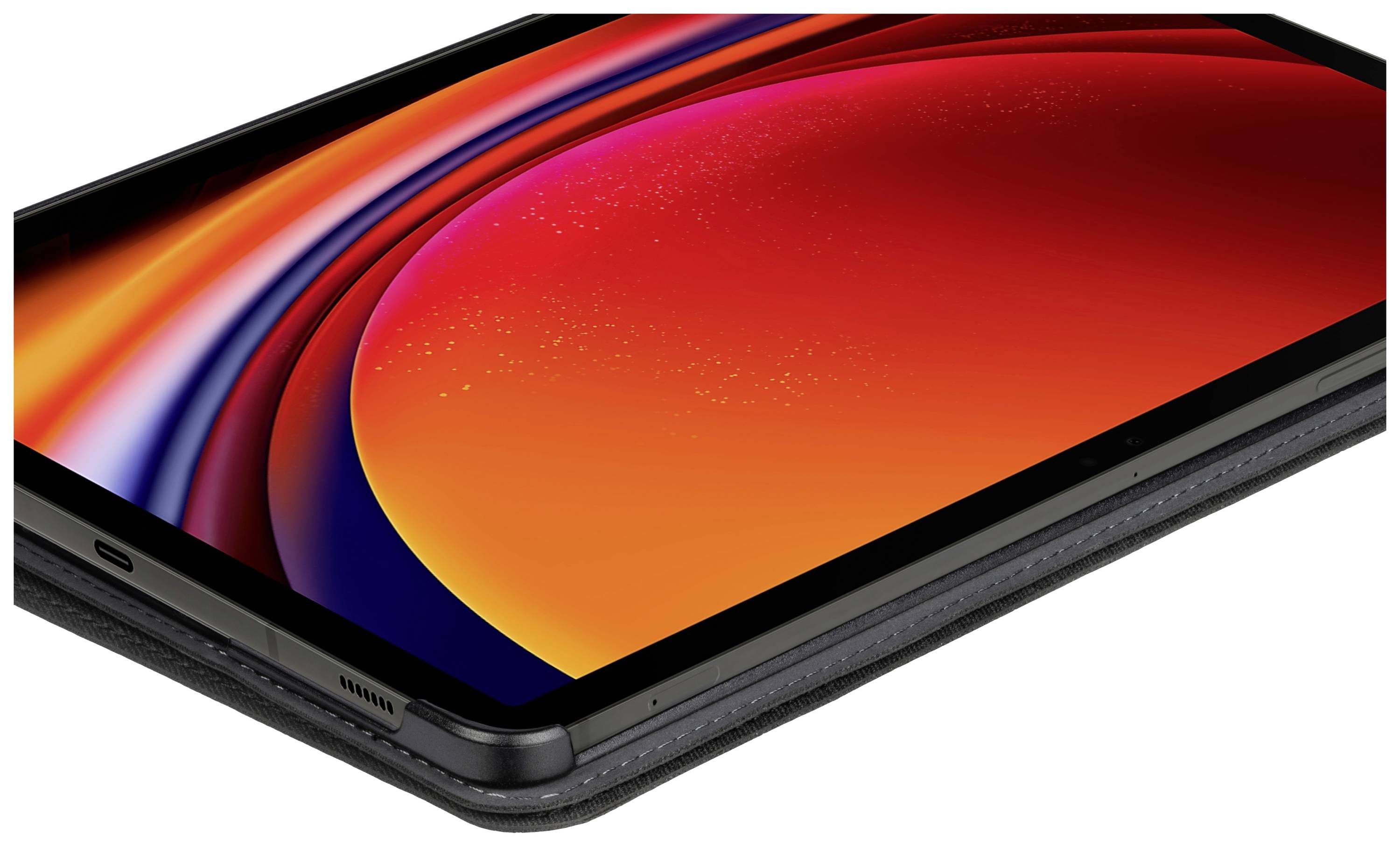 Ein modernes Tablet mit großem Display zeigt ein farbenfrohes, abstraktes Design in Rot- und Orangetönen, das den Bildschirm füllt.