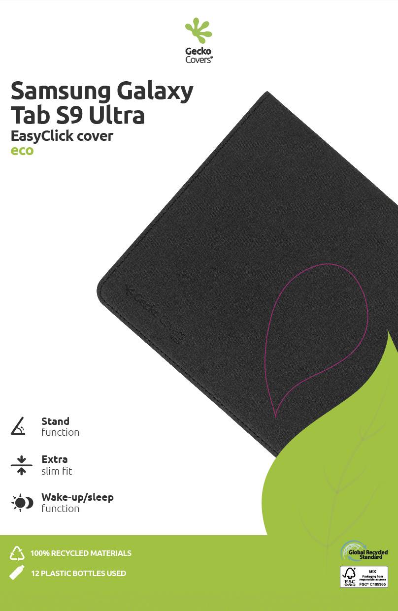 'Samsung Galaxy Tab S9 Ultra EasyClick-Hülle' zeigt Hauptfunktionen: Ständer, schlankes Design, Wake-up/Sleep. Hergestellt aus recyceltem Material.