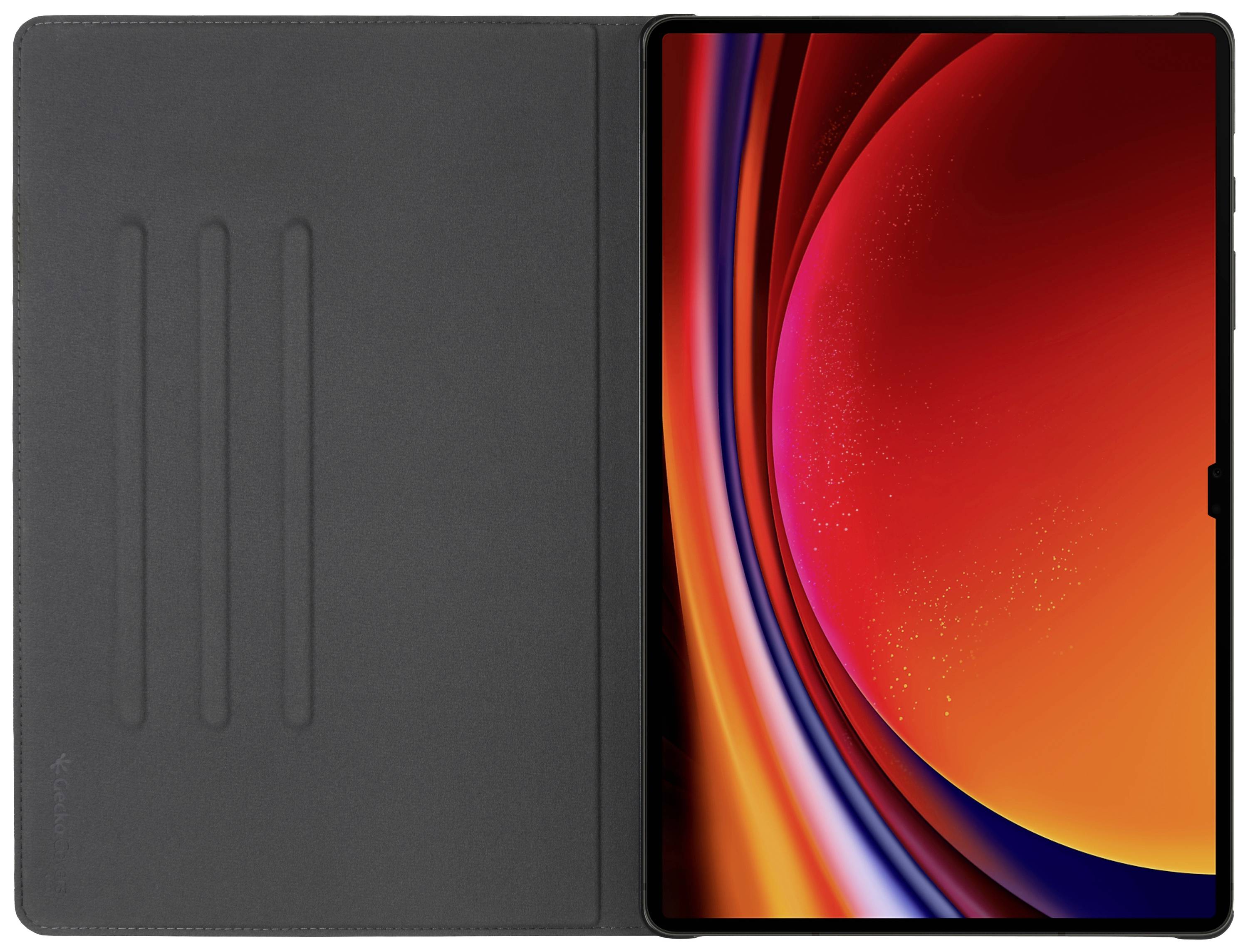 Ein Tablet mit schwarzem Gehäuse und moderner, bunter Bildschirmgrafik. Links eine geöffnete Schutzhülle im schlichten Design.