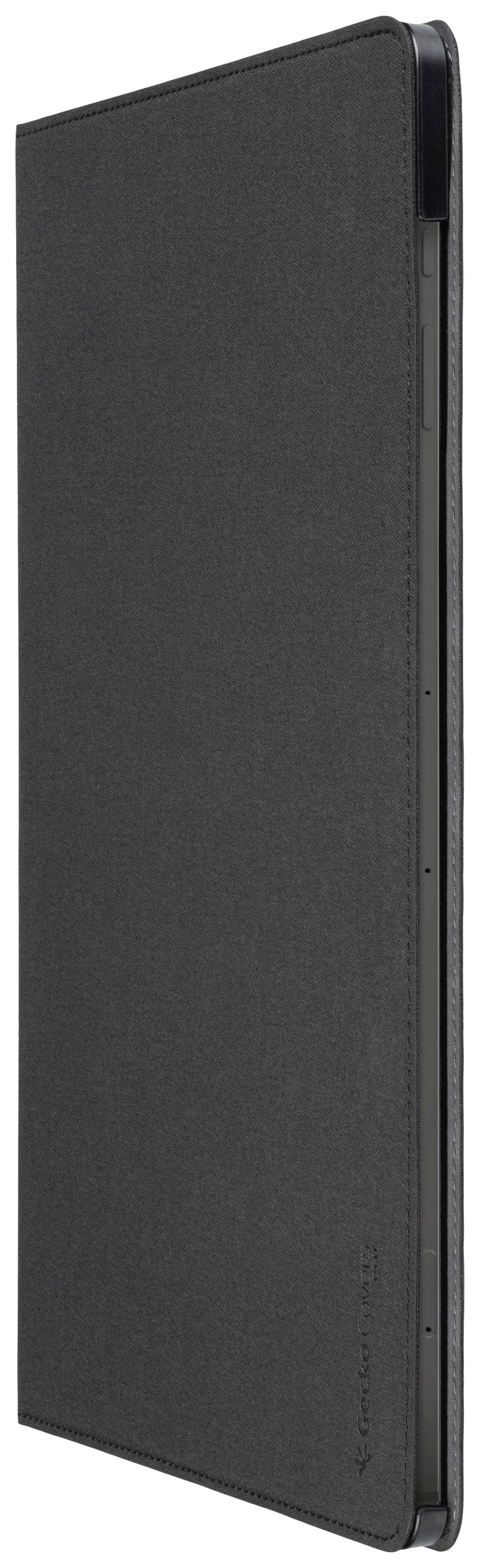 Ein schmaler, geschlossener, schwarzer Buchumschlag aus einem glatten Material, steht vertikal.