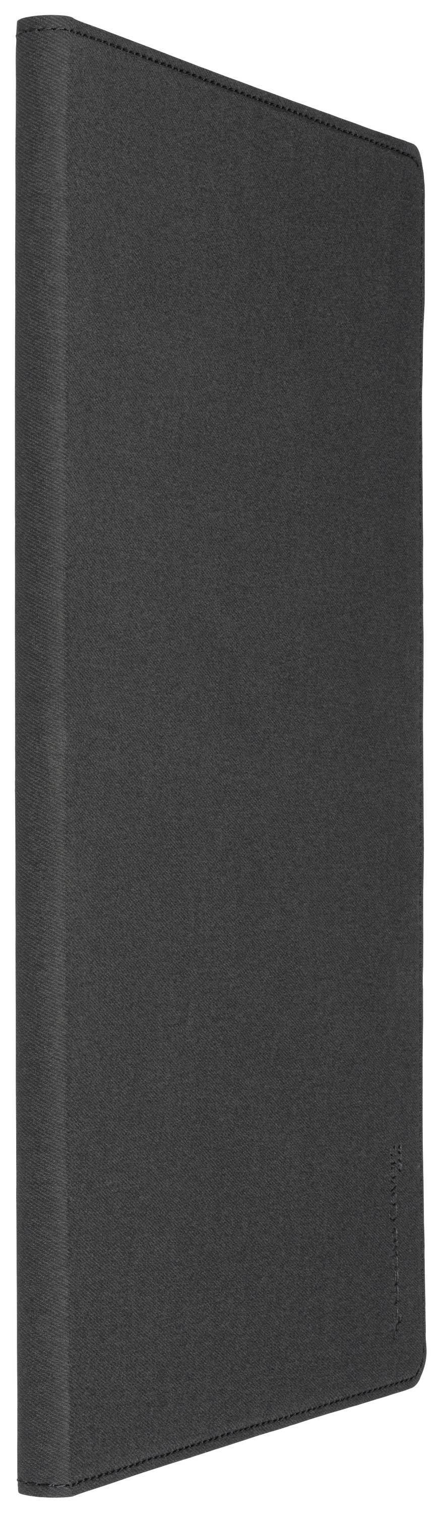 Ein schwarzes, geschlossenes Notizbuch mit einer glatten Oberfläche. Das Notizbuch ist hochkant abgebildet.