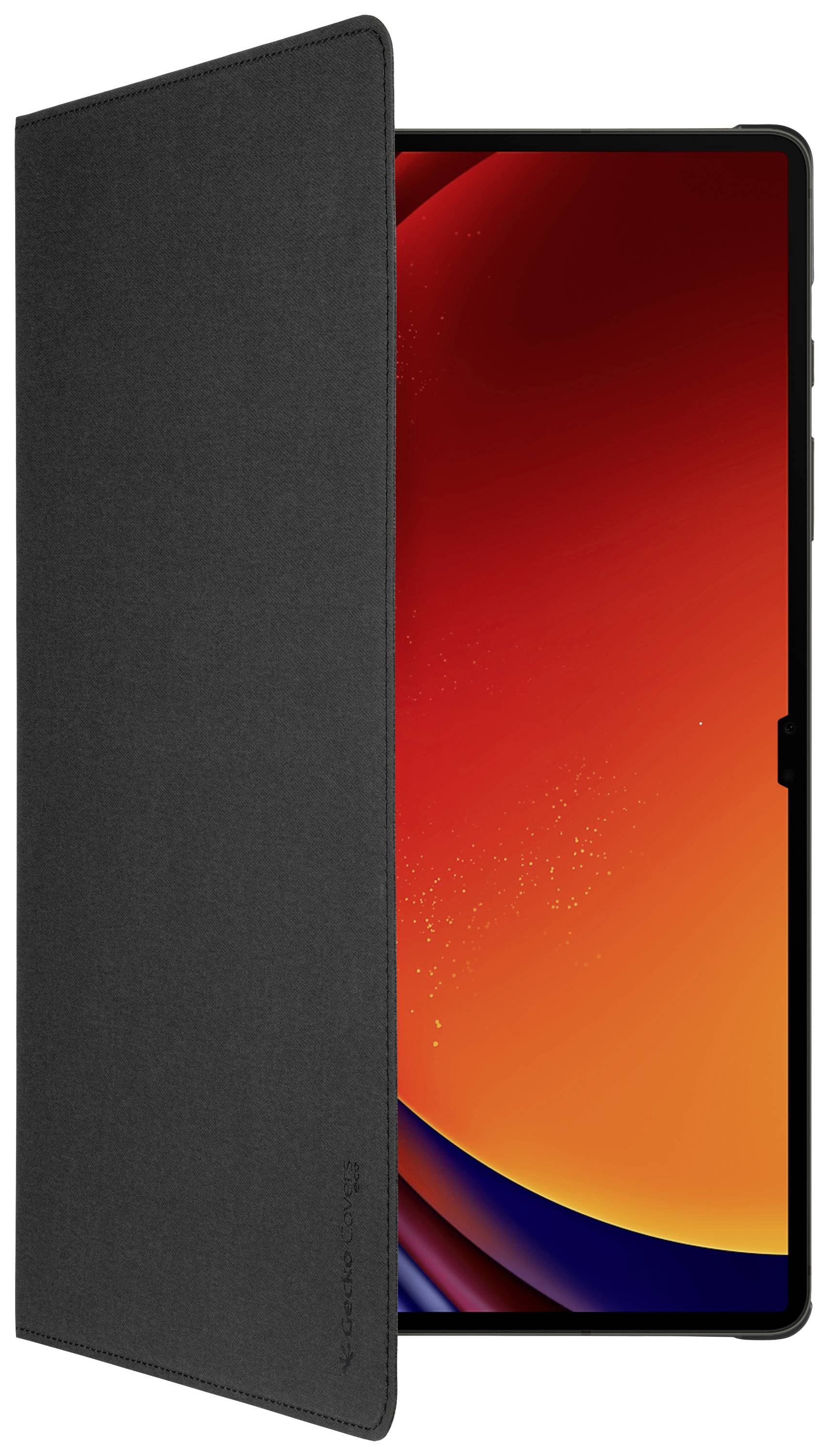 Tablet mit schwarzer Schutzhülle, teilweise geöffnet, zeigt einen leuchtend roten Bildschirm.