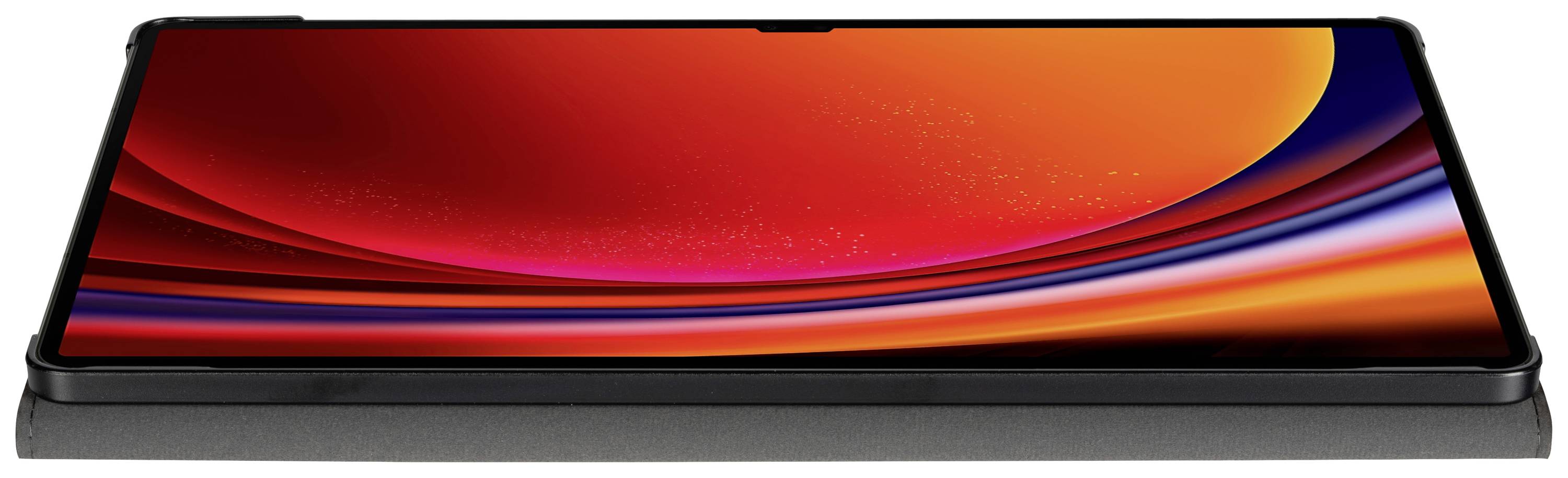 Ein modernes Tablet mit einem großen Display zeigt einen leuchtend roten und orangenen Farbverlauf. Kein Text oder Symbole sichtbar.