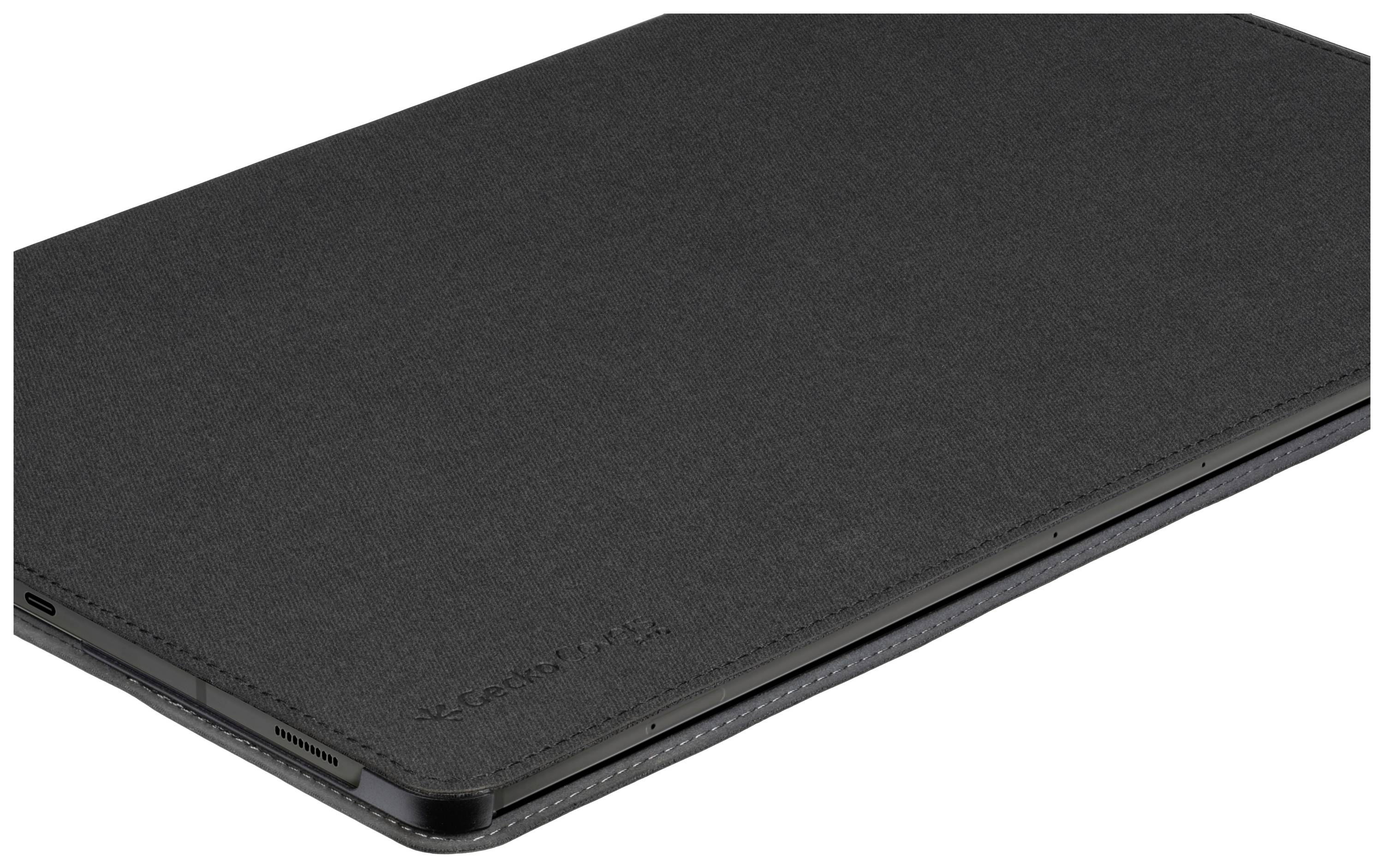 Schwarzes Tablet mit geschlossenem Cover, seitliche Ansicht.