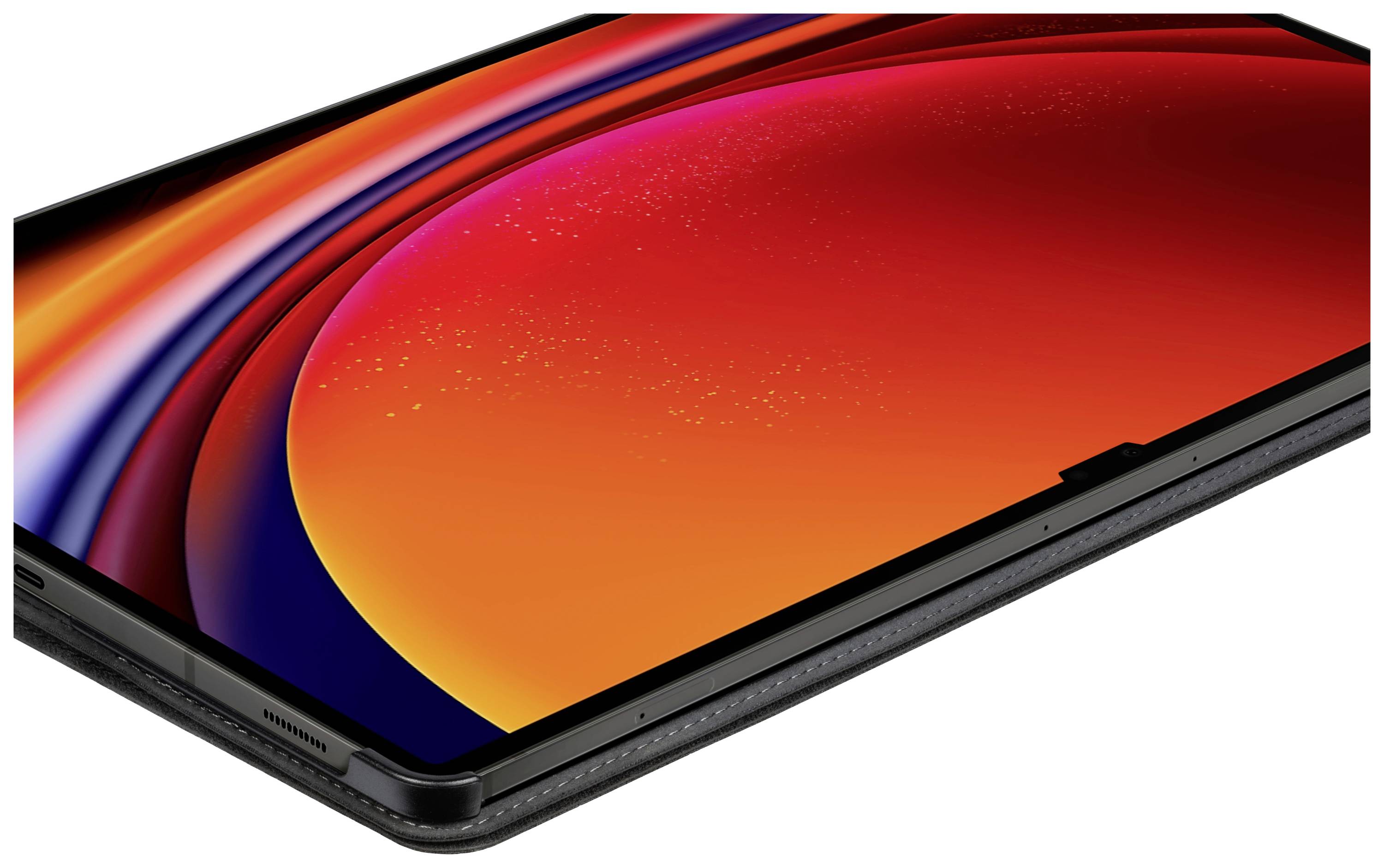 Tablet mit einem leuchtend roten und orangefarbenen Bildschirm, der nahe der oberen rechten Ecke eine leichte Wölbung aufweist.