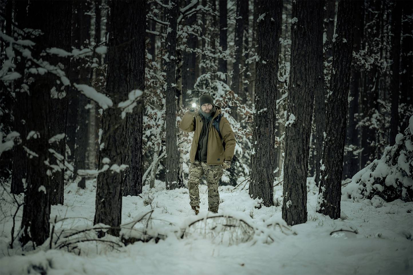 Eine Person mit Lampe geht durch verschneiten Wald, umgeben von hohen Bäumen. Die Szene wirkt ruhig und abgelegen.